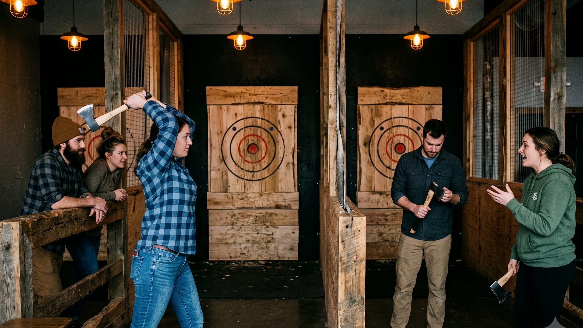 A group of friends throwing axes at Hank's indoor range in Whitefish, Montana, with timber target boards and warm overhead lighting.