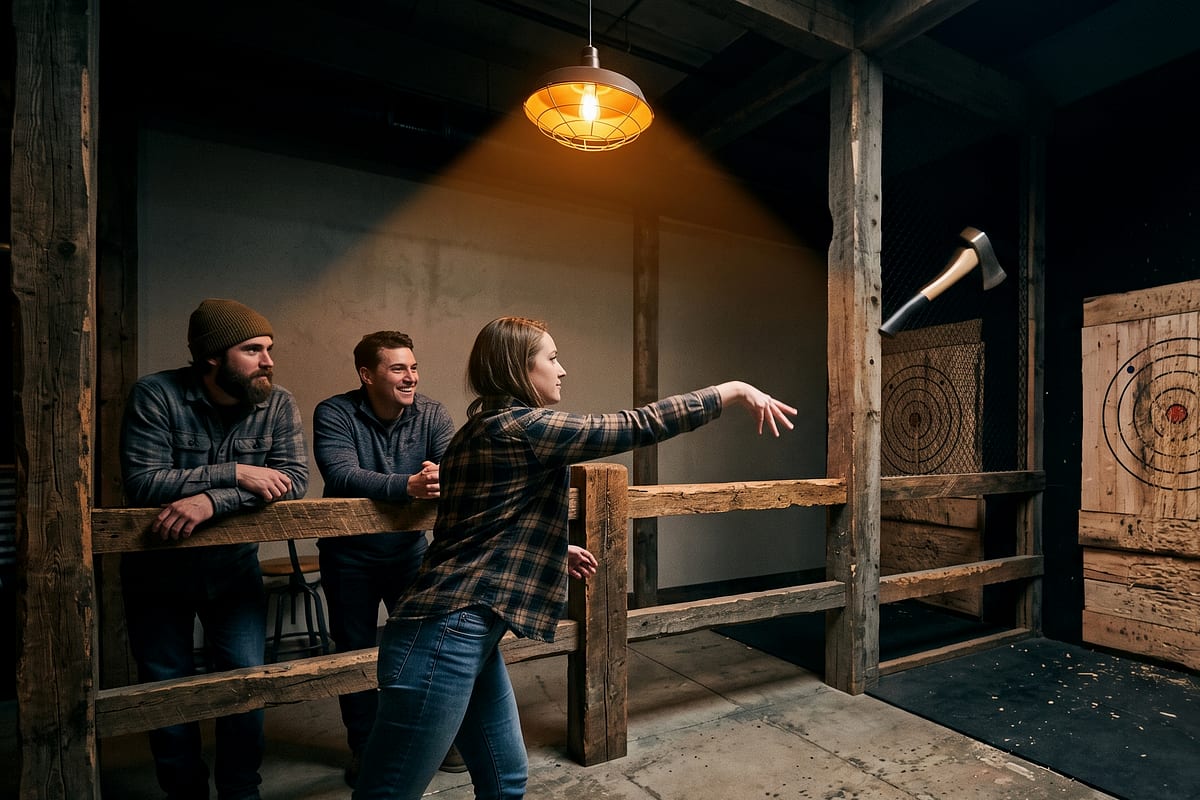 A group throwing axes across adjacent lanes at Hank's in Whitefish, Montana